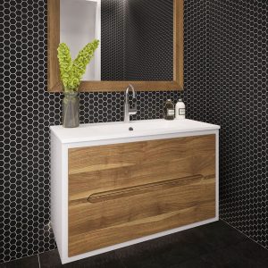 ארון אמבטיה תלוי צבע אפוקסי, חזית עץ מלא עם כיור אינטגרלי דגם לוטן