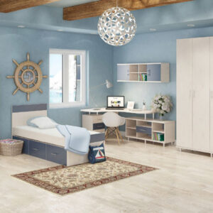 חדר ילדים מושלם הכולל מיטה ארון בגדים, ספריה ושולחן כתיבה דגם אלמוג