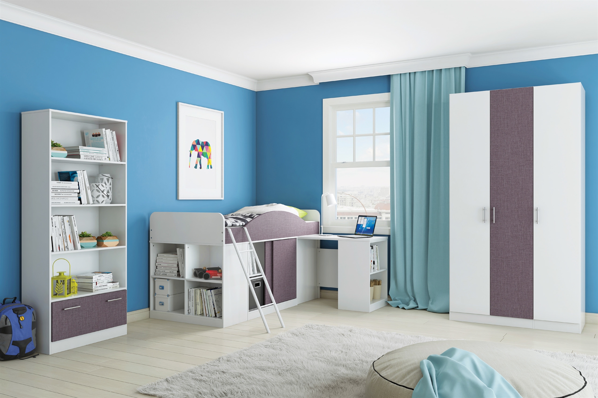 חדר ילדים מושלם הכולל מיטה, ארון, שולחן וספריה דגם דומינו
