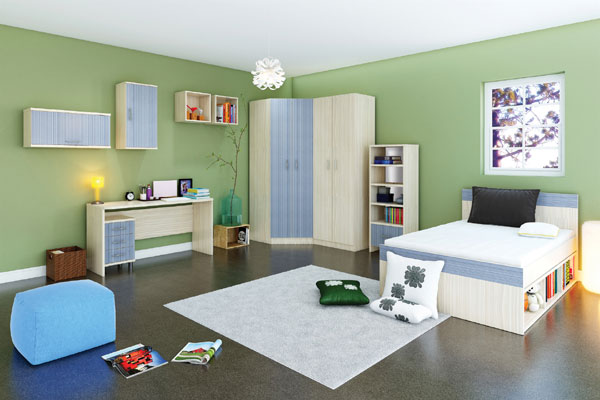 חדר ילדים כולל מיטת ילדים, שולחן כתיבה, ארון בגדים ומידוף דגם ליבי