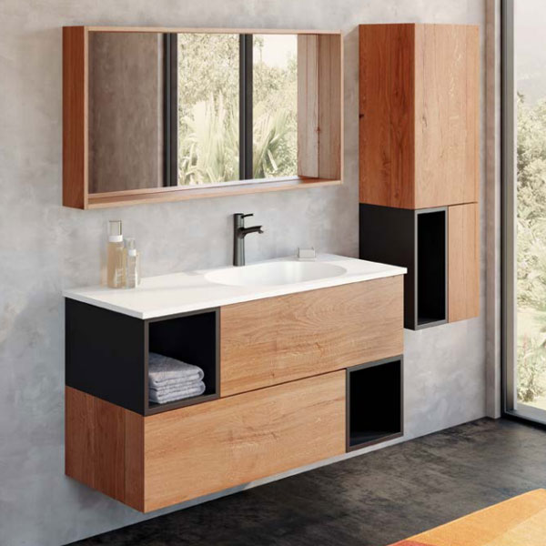ארון אמבטיה תלוי, בשילוב מגירות עץ פורניר ותאים פתוחים אפוקסי דגם זוהר