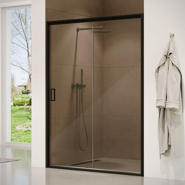 מקלחון חזית שחור עם דלתות הזזה, זכוכית שקופה דגם אמיר