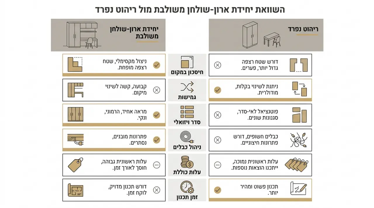 השוואה בין ארון משולב שולחן לבין שני רהיטים נפרדים
